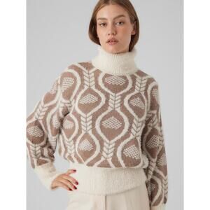 NWOT High Neck Tan Cream Knit Geometric Long Sleeve Winter Sweater S